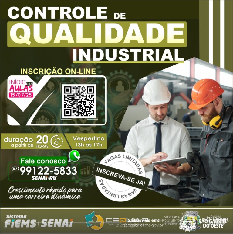 Curso gratuito de Controle de Qualidade Industrial está com inscrições abertas em São Gabriel do Oeste